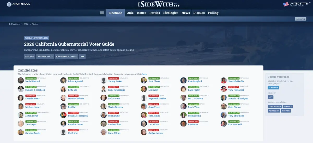 Screenshot of iSideWith.com showing Nicholas Thompson incorrectly marked as 'Dropped Out' in the 2026 California Gubernatorial race